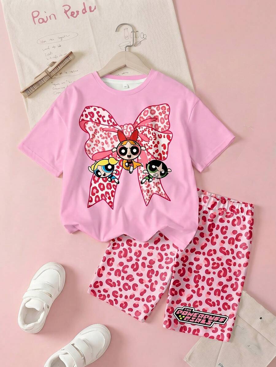 THE POWERPUFF GIRLS X SHEIN 少女休闲时尚街头风豹纹蝴蝶结卡通图案宽松T恤短裤套装,夏季 - 白色 - 查看 1