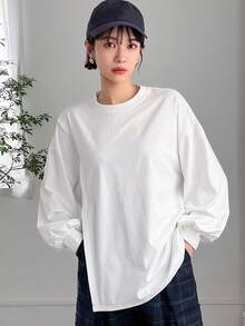 FRIFUL 纯色女式侧开衩落肩T恤，秋季服装长袖女式上衣 - 白色 - 查看 3
