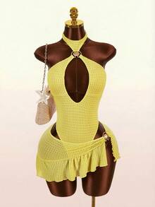 Amplova Ensemble de maillot de bain pour femmes, maillot de bain une pièce dos nu à col licou avec décoration en coquillage métallique et jupe de plage - Jaune clair - Voir 1