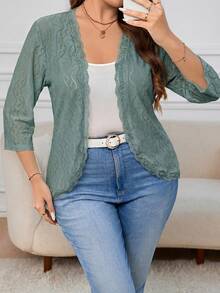 Reflora Chaqueta de mujer de talla grande con manga 3/4 de tejido de punto con textura para otoño - verde menta - Ver 3