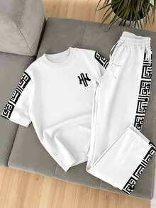 Manfinity Homme 男士字母印花圓領短袖T恤與長褲休閒日常套裝 - 彩色 - 查看 2