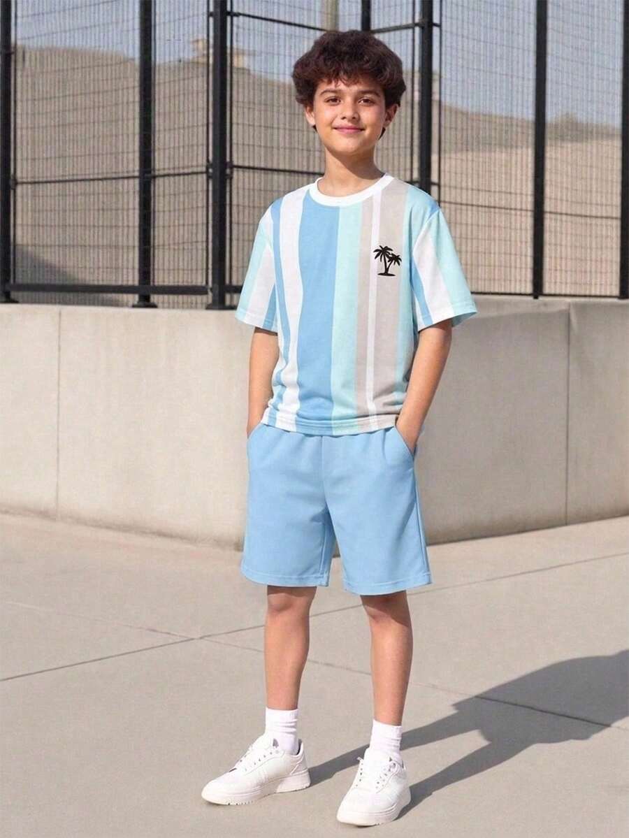Vacaura 2件組休閒多色條紋印花圓領套頭上衣與短褲套裝，適合青少年男孩日常出遊與戶外穿著 - 彩色 - 查看 1