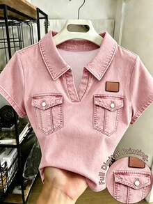 Resyla Women's Retro Polo Collar T-Shirt, Pink Faux Pocket Pattern - Multicolor - View 1