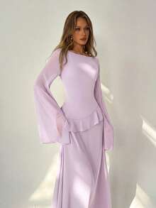 Aloruh Women's Elegant Off-Shoulder Flared Sleeve Ruffle Ruched-Back A-Line Lilac Extra Long Dress - Lilac Purple - View 6