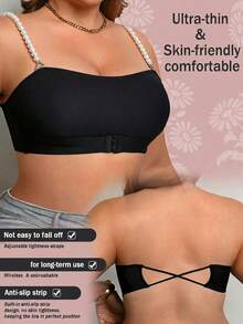 SHEIN Plus Size Black Wireless Bra, Front Closure, Pearl Strap, 1 Piece - Black - View 4