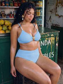 Swim Mod Plus Size Women 2pcs Solid Color Shell Decor Top High Waist Triangle Bottom Cute Beach Vacation Minimalist Daily Bikini Set - Blue - View 4