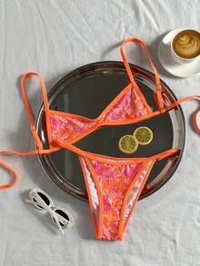 Swim Mod Women's Spring/Summer Random Print Spaghetti Strap Bikini Set - Multicolor - View 2