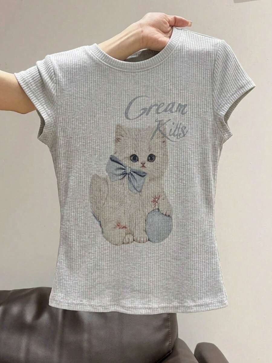 DAZY Camiseta de mujer ajustada con diseño de estampado animal para primavera y verano, top lindo - Gris Claro - Ver 1