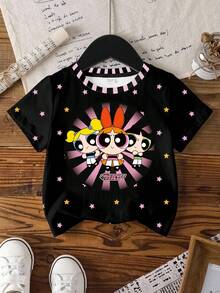 THE POWERPUFF GIRLS X SHEIN 年轻女孩休闲时尚街头日常通勤趣味卡通星星印花短袖T恤，夏季 - 白色 - 查看 8