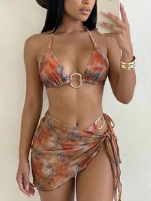 Sirith 女款夏季海灘派對度假掛脖繫帶金屬裝飾連身比基尼上衣與三角泳褲兩件式泳衣套裝 藍色與橘色 性感 - 彩色 - 查看 3