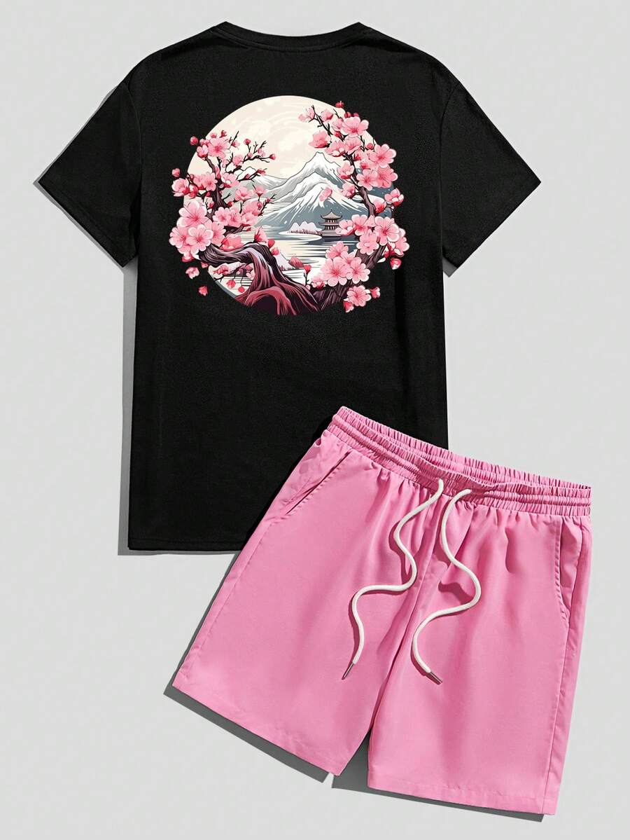Manfinity Homme 日式浮世繪櫻花樹圓形構圖圖案時尚休閒印花男款標準尺寸黑色短袖T恤與粉色短褲套裝 - 彩色 - 查看 1