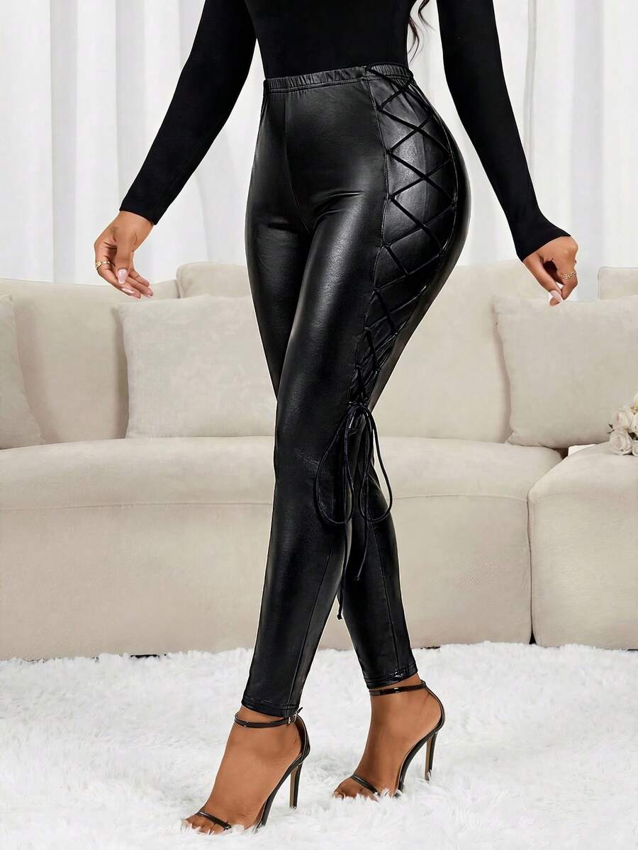 SHEIN Lady Women's Sexy Fashion PU Material Lace-Up Tight Leggings - Black - View 1