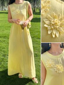 Al Najma Women's Elegant And Casual Sleeveless Three-Dimensional Floral Dress, Light Yellow, Spring And Summer - Yellow - View 5