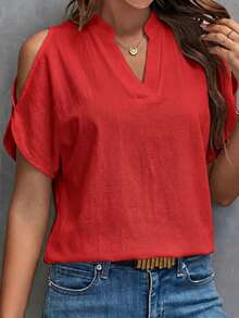 SHEIN Clasi 女款標準版小V領白色100%純棉短袖春夏季百搭襯衫 - 紅色 - 查看 6