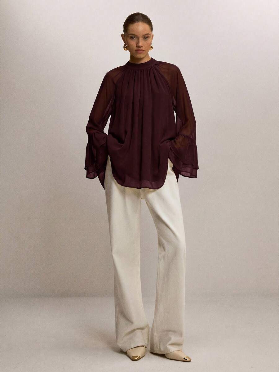 ATUI Studio Women's Minimalist Solid Color Loose Pleated Flare Sleeve Blouse - Brown - View 1