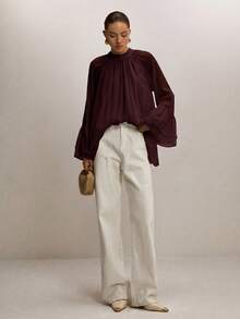 ATUI Studio Women's Minimalist Solid Color Loose Pleated Flare Sleeve Blouse - Brown - View 4