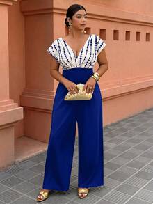 Weeklong Women's Plus Size Spring/Summer Commuter Casual Vacation Minimalist Commuter Date 2 In 1 Patchwork High Waist Straight Leg Dropped Shoulder Knit Jumpsuit - Multicolor - View 5