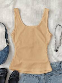 SHEIN Teen Girls Basic White Dotted Ribbed White, Metal Button Tank Top Casual All-Match White Tank Top With Deep U-Neck And Racerback - Khaki - View 2