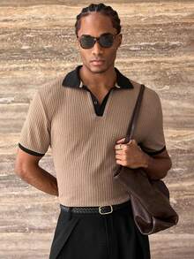 ESTAVOR Men's Casual Loose Fit Solid Color Polo Shirt, Brown, Standard Size, Summer - Brown - View 3