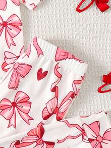 SHEIN Piyama Anak Perempuan Motif Kartun, Kerah Bulat Berkerut, Lengan Pendek, Celana Panjang, Lembut dan Ramah Kulit, Set 2 Potong, Potongan Slim Fit - Berwarna merah muda - View 6