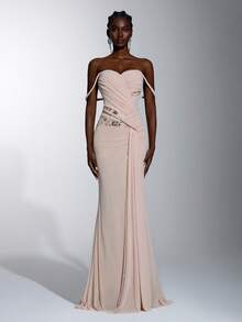Elitara Elegant Luxurious Sequin Embroidered Lace Patchwork Stretch Knit Mesh Ruched Twisted Rope Design Mermaid Skirt, Suitable For Wedding, Bachelorette Party, Vacation, Prom, Holiday Party, Graduation Season Evening Gown (Heavy Workmanship Style) - Baby Pink - View 1