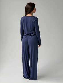 Livesso 女款純色細肩帶背心、單排扣長袖上衣與長褲休閒日常居家服睡衣套裝 - 寶藍色 - 查看 2