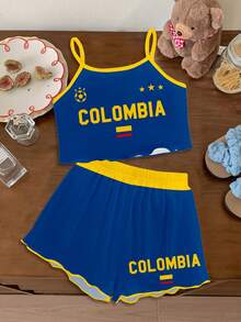 Tween女孩隨機發貨1套，復古時尚綠色字母BRAZIL、黃色，休閒簡約修身背心上衣與短褲，適合夏季 - 彩色 - 查看 5