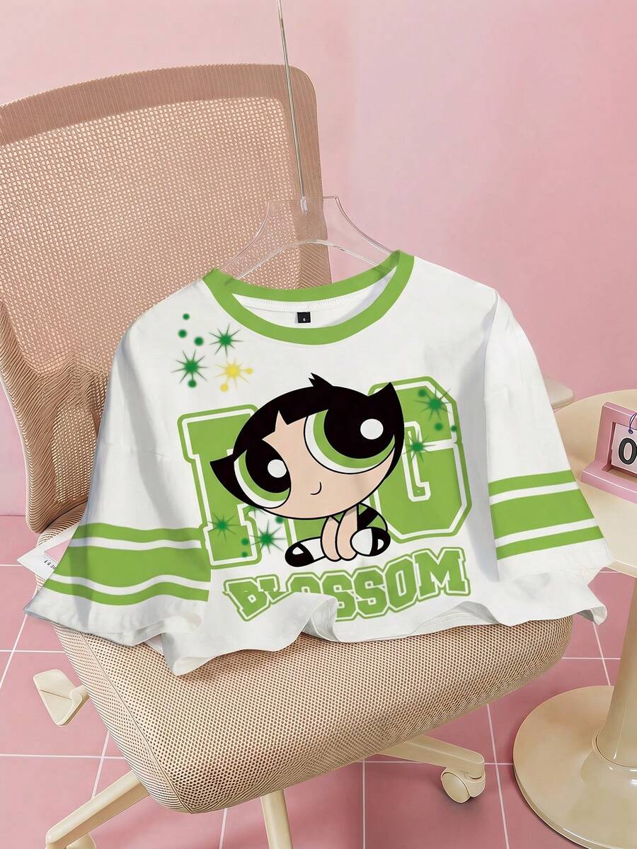 THE POWERPUFF GIRLS X SHEIN 女士毛茛花图案短款圆领短袖T恤 - 白色 - 查看 1