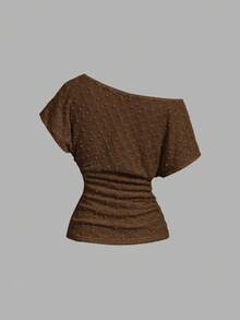 SHEIN MOD Camiseta casual versátil de un solo hombro con fruncido de unicolor para mujer - Marrón - Ver 2