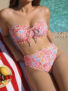 Swim Mod Conjunto de Bikini Talla Grande 2026 Nuevo Primavera/Verano Estampado Floral Aleatorio Decoración de Volantes Cordón Frontal Mujer Lindo Dulce Adecuado para Playa de Verano y Vacaciones - Multicolor - Ver 3