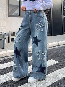 SHEIN ICON 大尺碼女款星星圖案口袋寬腿牛仔褲 - 淺色水洗藍 - 查看 3