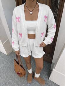 SHEIN Unity Cárdigan casual con diseño de jacquard de cerezas cautivadoras, de manga larga - Blanco - Ver 6