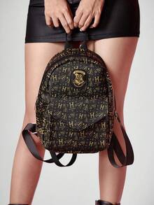 Harry Potter | ROMWE Harry Potter Retro Ladies Fashion Backpack, Lightweight Mini Durable Compact Backpack, Suitable For Back To School And Travel - black gold - View 3