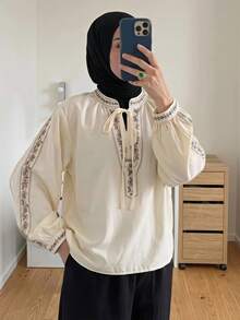 DAZY Women's Printed Loose Bohemian Style Elegant Blouse - Beige - View 1