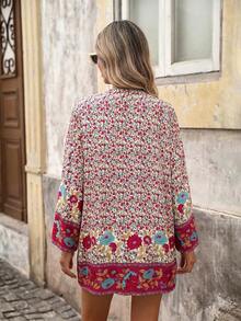 Brillora 女款花卉印花休閒百搭日常開襟和服襯衫 - 紅色 - 查看 3