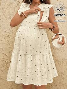 Boho Mama Vestido de maternidad y lactancia con textura de lunares y bajo con volantes - Albaricoque - Ver 2