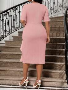 SHEIN Lady Elegant Retro Work Wedding Reception Valentine's Day New Year's Party Knitted Depp V Neck Rhinestone Ruffle Arrival Slim Dress Plus Size Formal Prom - Pink - View 2
