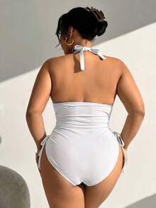 Swim Vcay Traje de baño de una pieza con cuello halter y cadena de metal de unicolor para mujer talla grande para vacaciones - Blanco - Ver 2