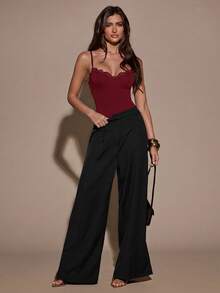 SHEIN BAE 女款性感辣妹蕾絲拼接優雅細肩帶背心 - 酒紅色 - 查看 4