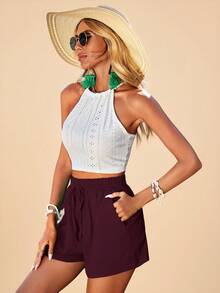 Travachic Women's Solid Color Drawstring Waist Spring Shorts - Maroon - View 5