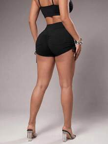 Pantalones cortos deportivos de pierna recta con bolsillo de parche y cordón negro para mujer - Negro - Ver 5