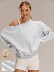 GLOWMODE Everyday Fleece Shine Bright Soft Warm Lightweight Oversized Off-The-Shoulder Pullover Sweatshirt Autumn Winter Outdoors Daily Casual Wear - 灰色 - 查看 1