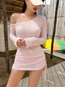 DAZY 女款夏季不對稱領抽繩抓皺沙灘罩衫 性感極簡半透長袖泳裝上衣 - 藕粉色 - 查看 3
