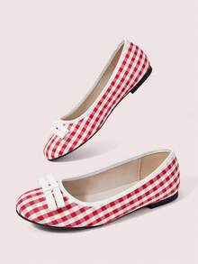 CUCCOO DOLLMOD Zapatos de mujer, a cuadros rojos y blancos, con lazo, dulces, de moda, retro, de vamp bajo, de temperamento femenino suave, finos y versátiles, zapatos Mary Jane, para citas, simples, elegantes, lindos, casuales, bailarinas diarias - Rojo - Ver 4