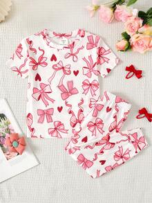 SHEIN Piyama Anak Perempuan Motif Kartun, Kerah Bulat Berkerut, Lengan Pendek, Celana Panjang, Lembut dan Ramah Kulit, Set 2 Potong, Potongan Slim Fit - Berwarna merah muda - View 7