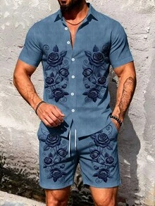 Alderstead Men Floral Button Up Shirt And Shorts Set, Outfit For Vacation, Beach, Parties, Daily Wear, Festival, Outdoor Gathering - Multicolor - View 6