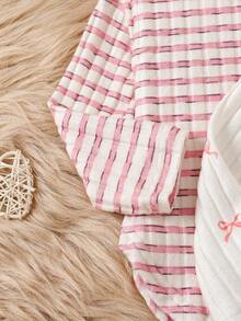 SHEIN Playful Pals Baby Girl Bow Print, Striped, Solid Color Long Sleeve Set - Pink - View 8