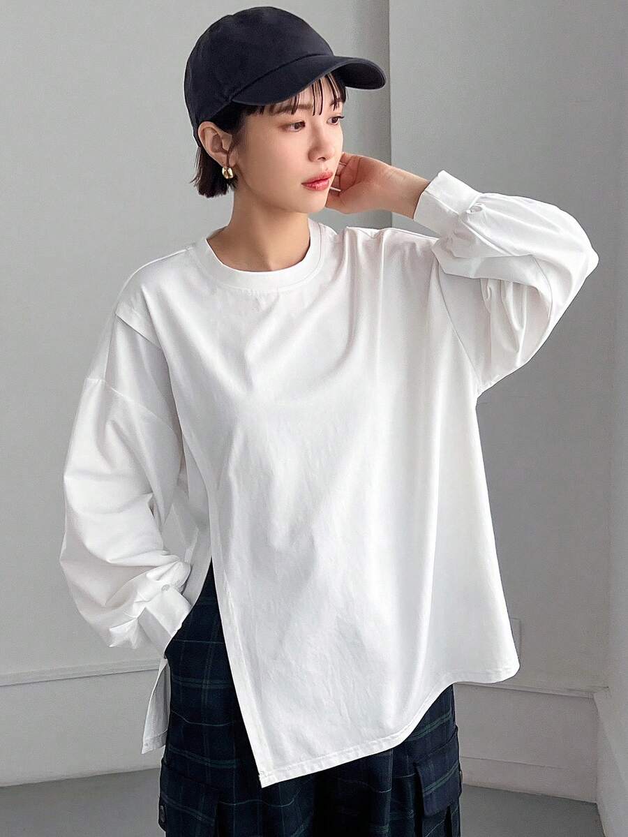 FRIFUL 纯色女式侧开衩落肩T恤，秋季服装长袖女式上衣 - 白色 - 查看 1