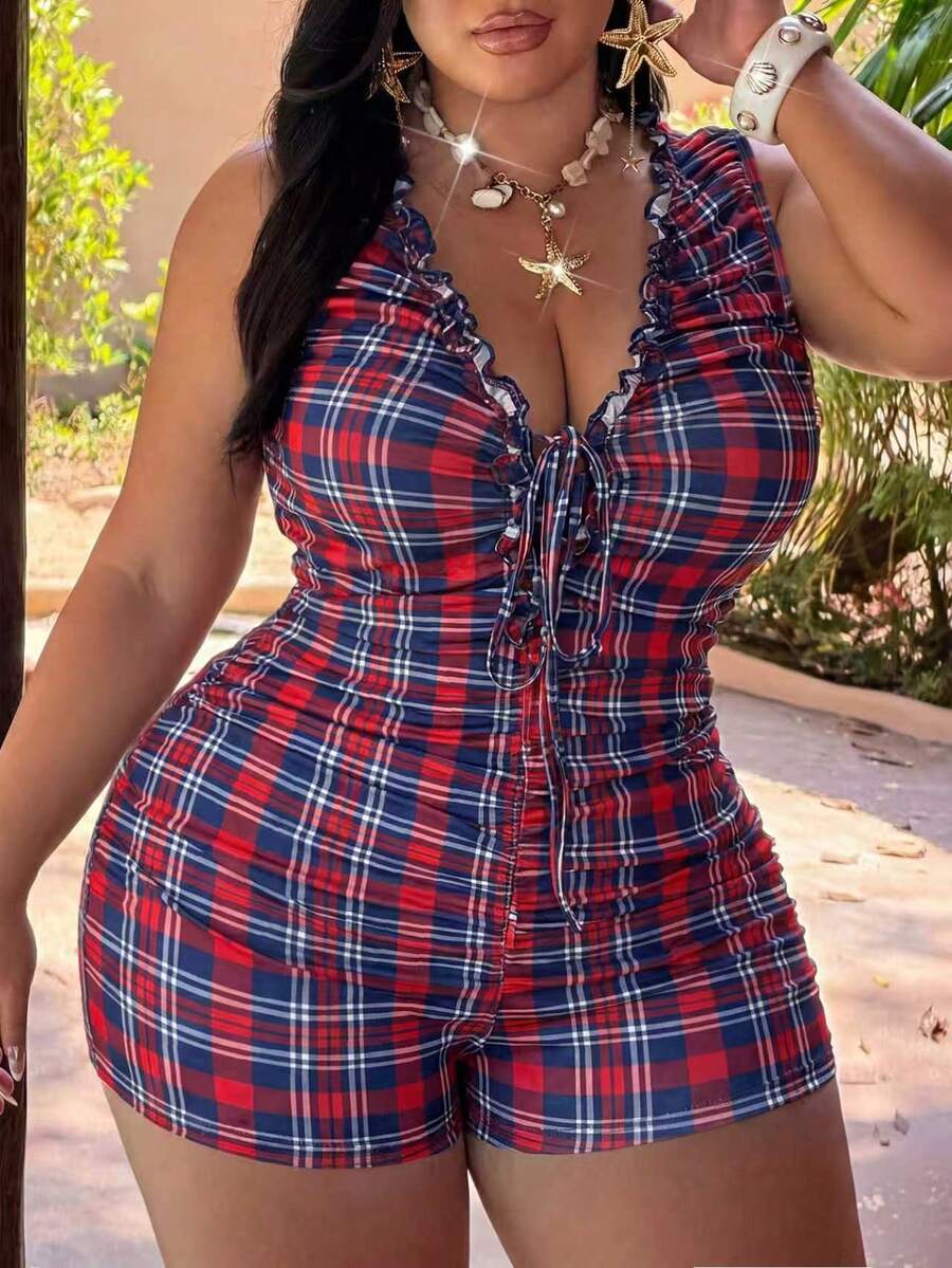 NU&NOW Sexy Deep V-Neck Ruffle Trim Criss-Cross Strap Detail Women's Romper - Red Violet - View 1