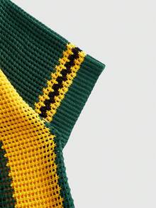 ROMWE MEN 世界盃巴西隊字母刺繡針織寬鬆V領POLO風T恤 - 黃色 - 查看 4